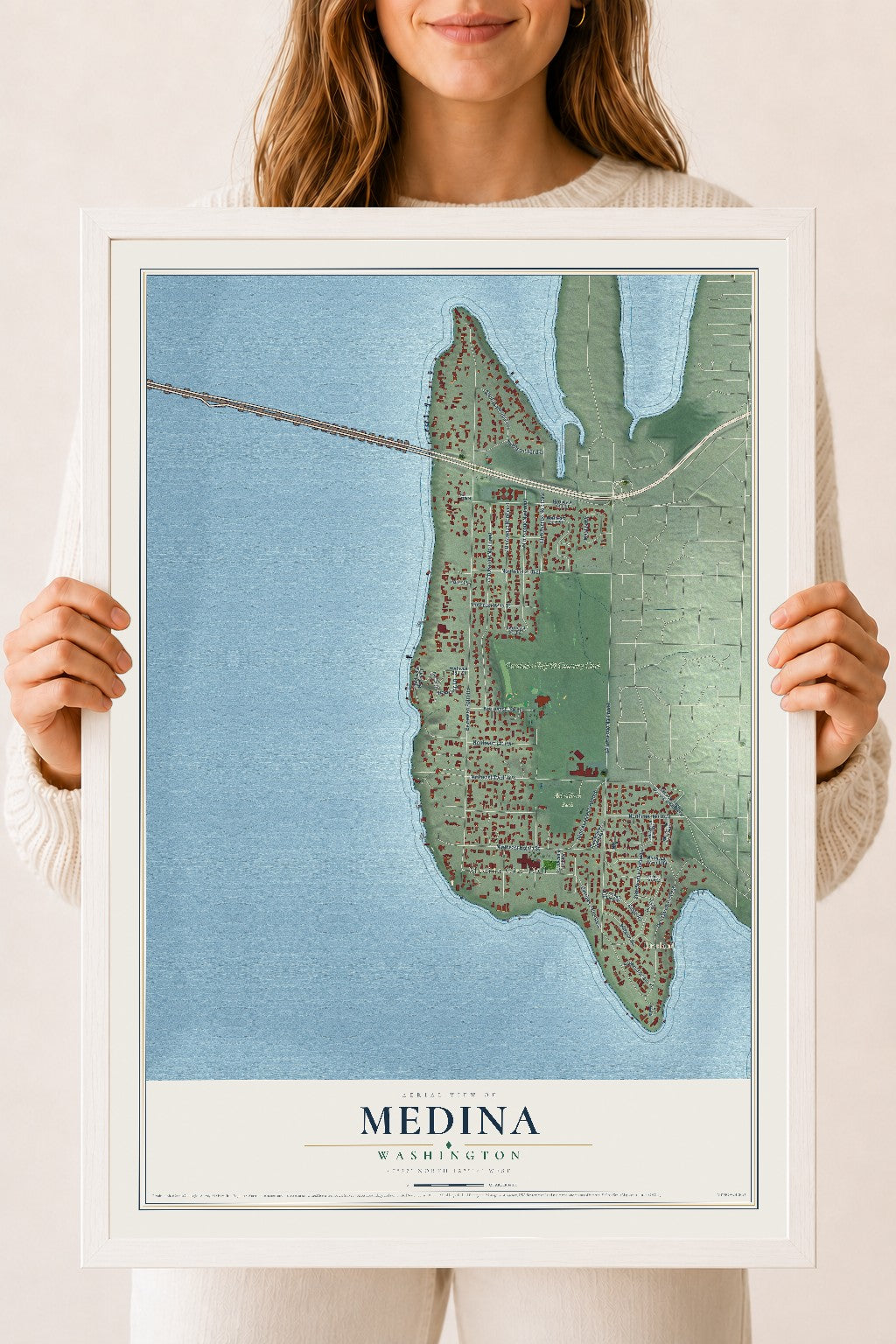 Map of Medina, Washington, 18 x 24 inch print in a white wood frame
