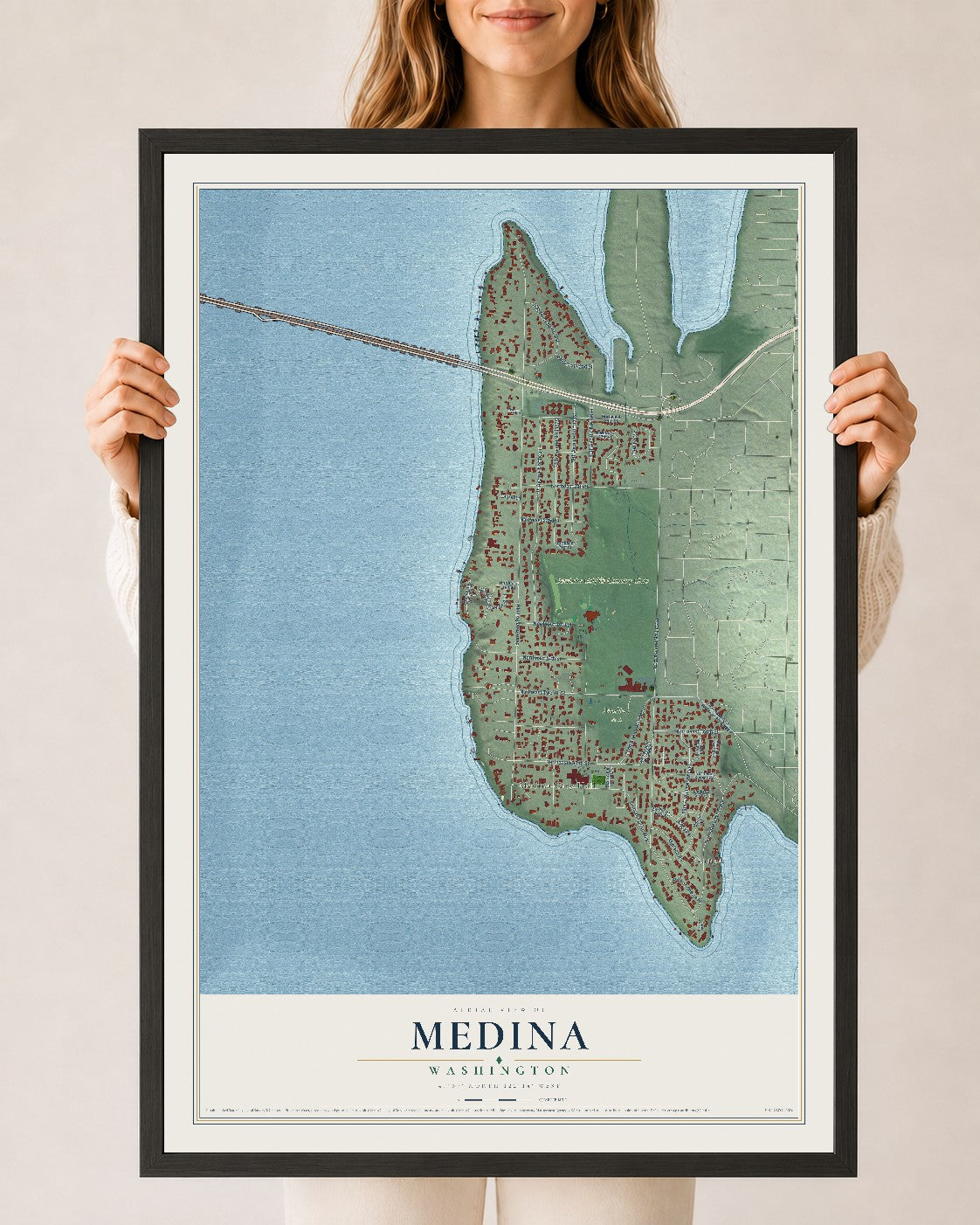 Map of Medina, Washington, 24 x 36 inch print in a black wood frame