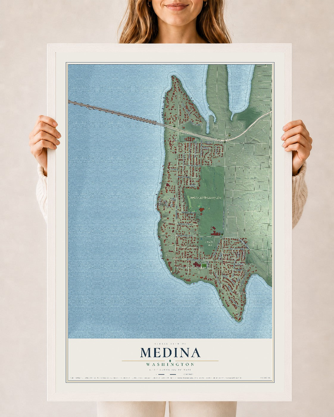 Map of Medina, Washington, 24 x 36 inch print in a white wood frame