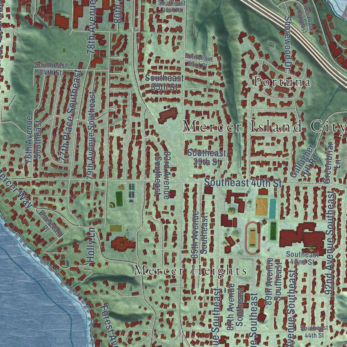 Close-up of the map of Mercer Island, Washington print showing street and building detail