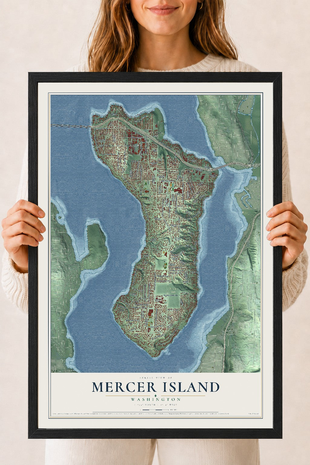 Map of Mercer Island, Washington, 18 x 24 inch print in a black wood frame
