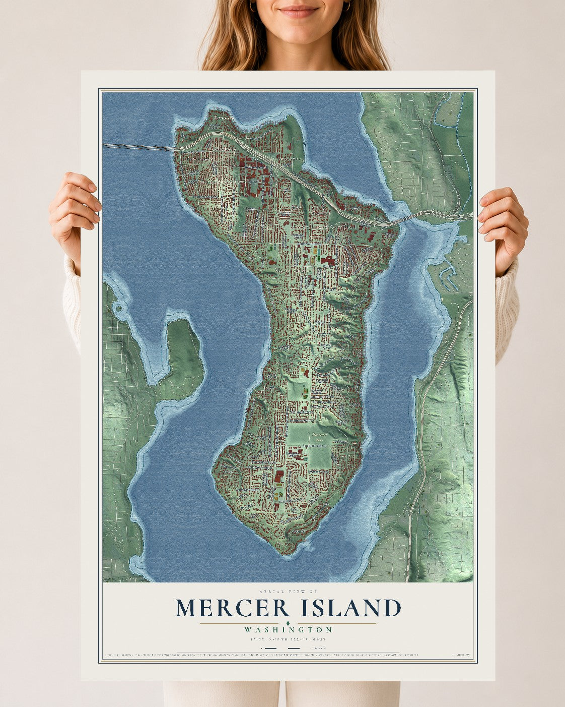 Map of Mercer Island, Washington, 24 x 36 inch unframed archival matte print