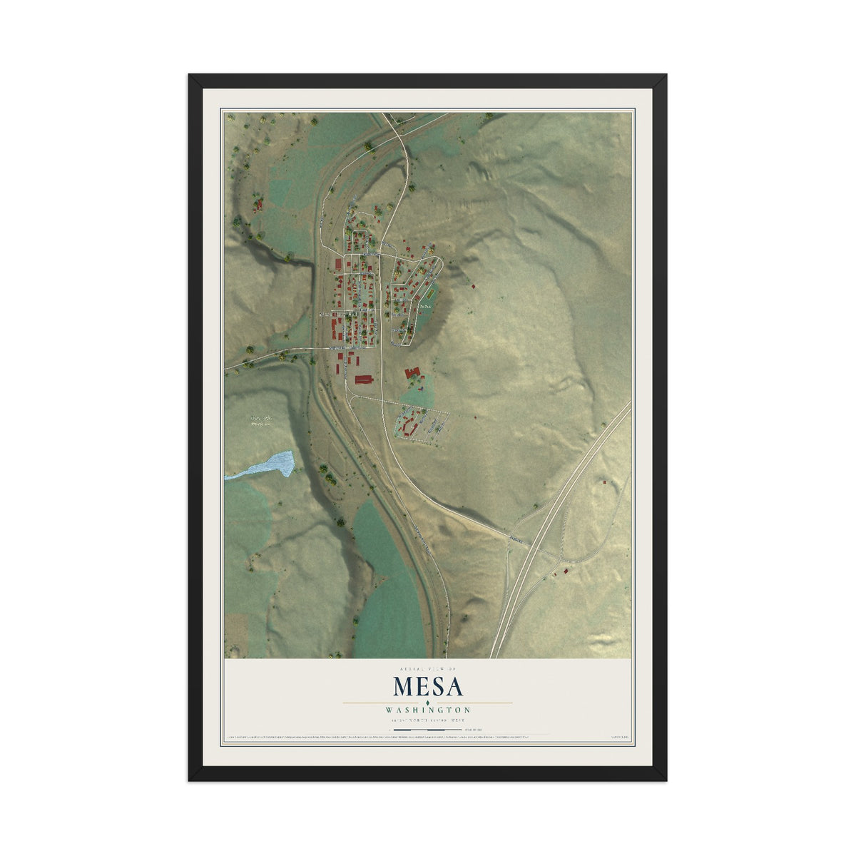 Map of Mesa, Washington, 12 x 18 inch print in a black wood frame