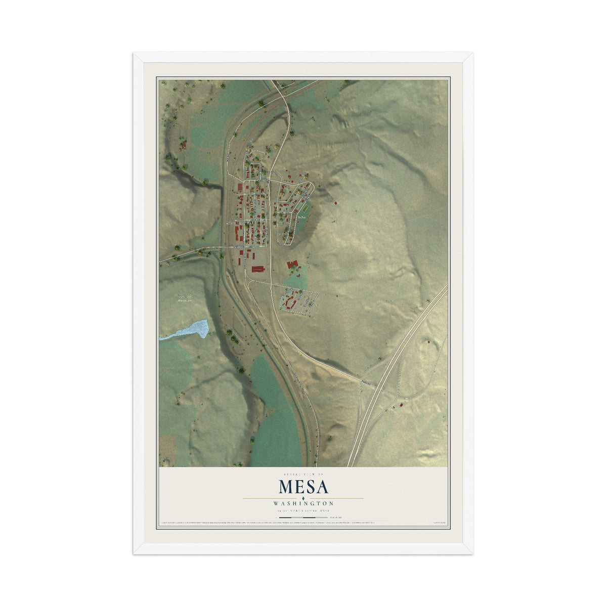 Map of Mesa, Washington, 12 x 18 inch print in a white wood frame