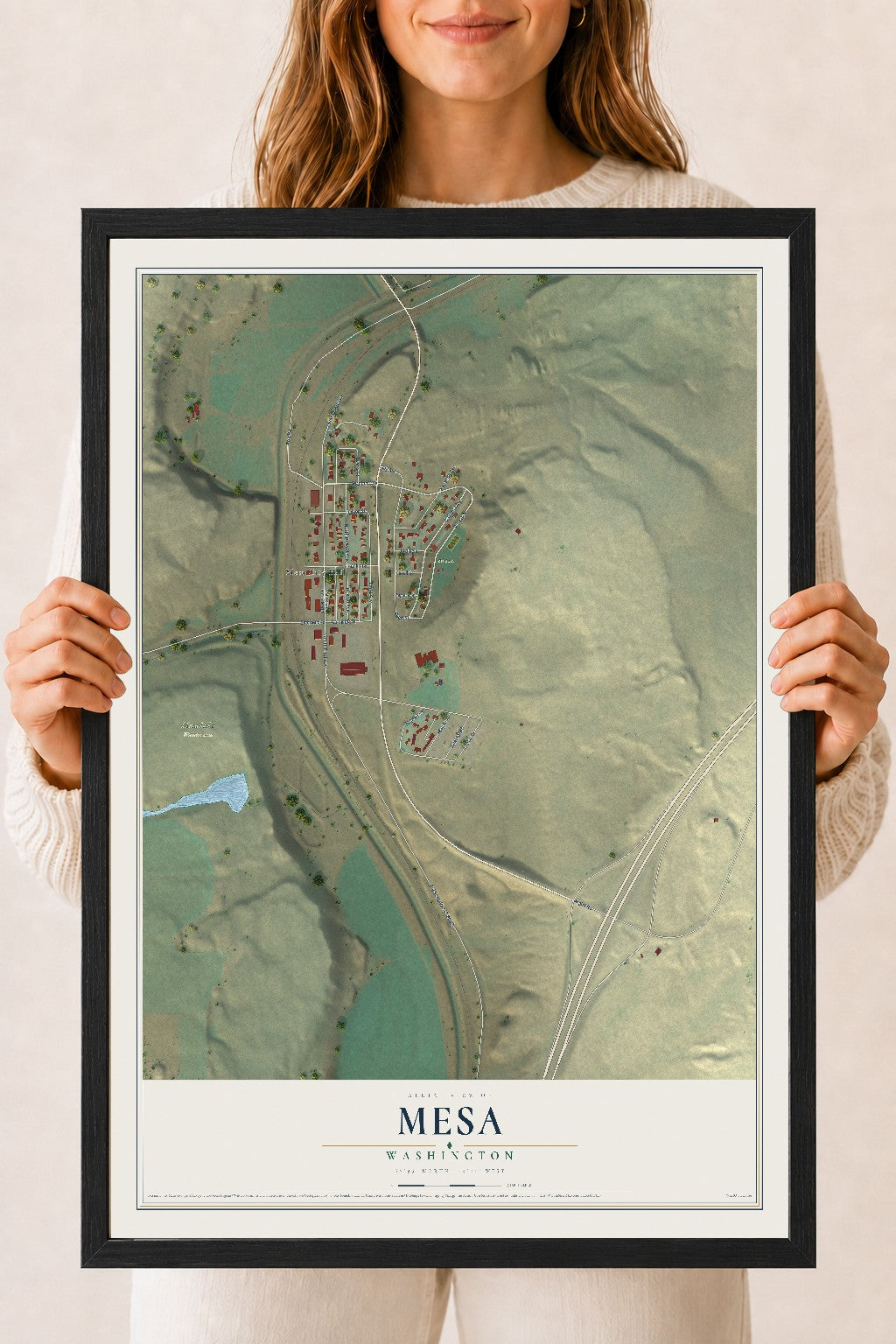Map of Mesa, Washington, 18 x 24 inch print in a black wood frame