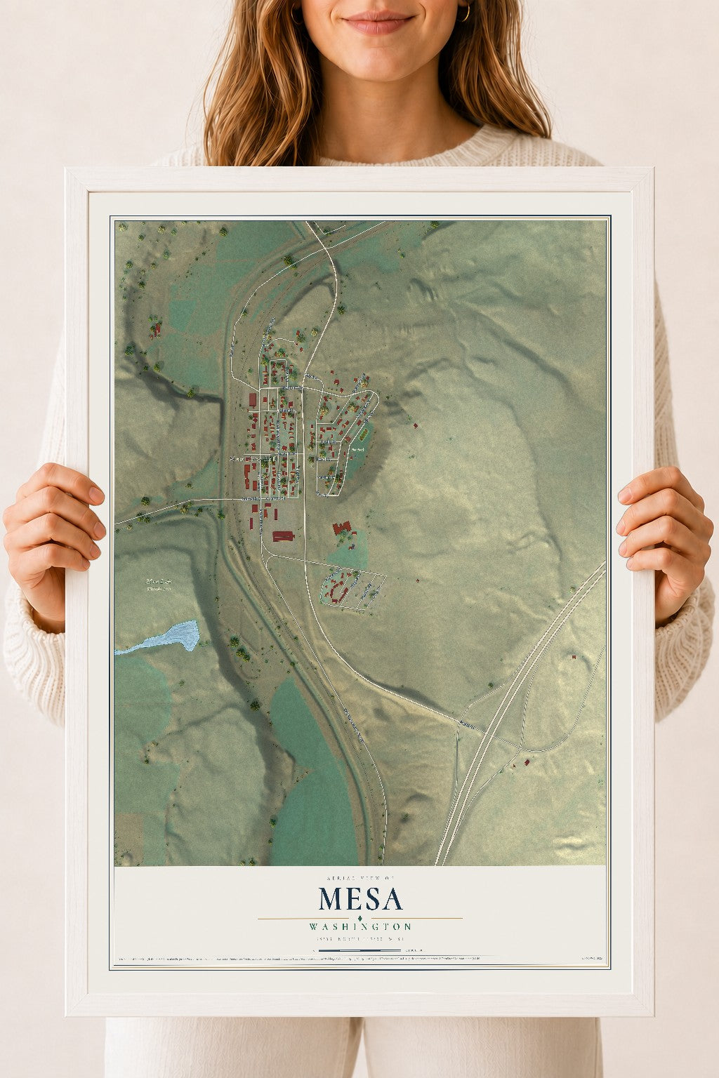 Map of Mesa, Washington, 18 x 24 inch print in a white wood frame
