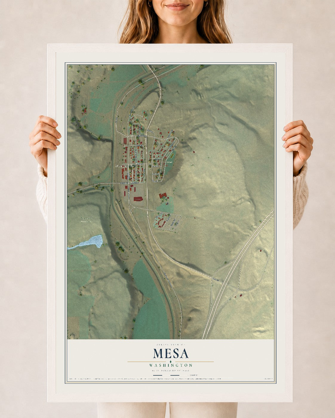 Map of Mesa, Washington, 24 x 36 inch print in a white wood frame