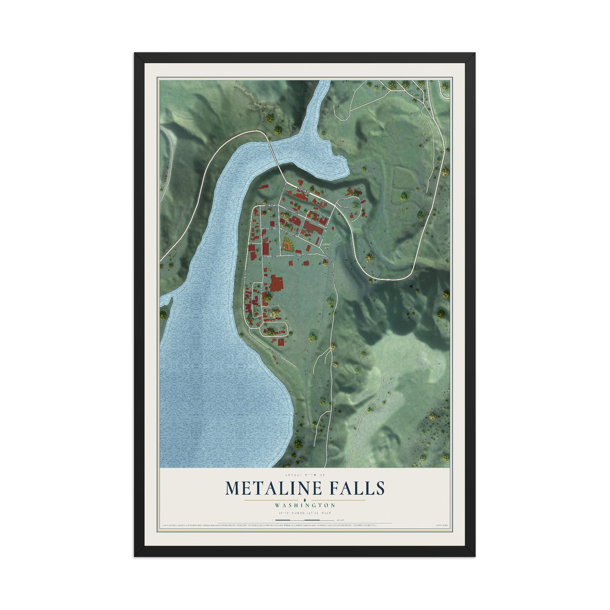Map of Metaline Falls, Washington, 12 x 18 inch print in a black wood frame