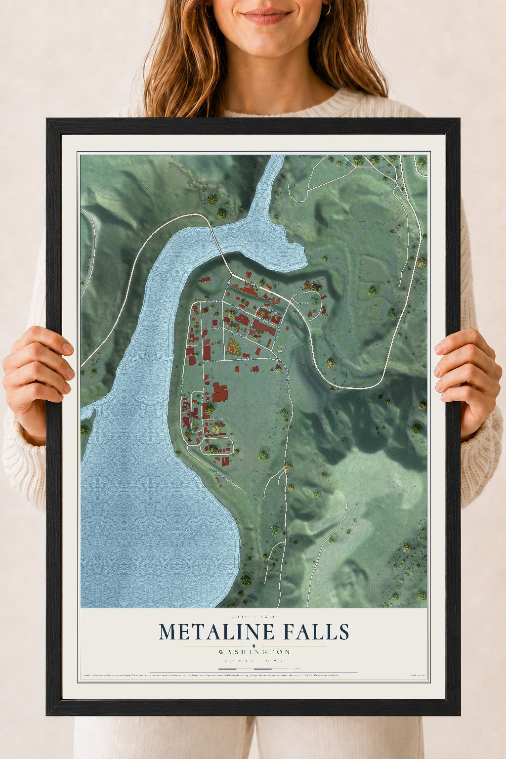 Map of Metaline Falls, Washington, 18 x 24 inch print in a black wood frame