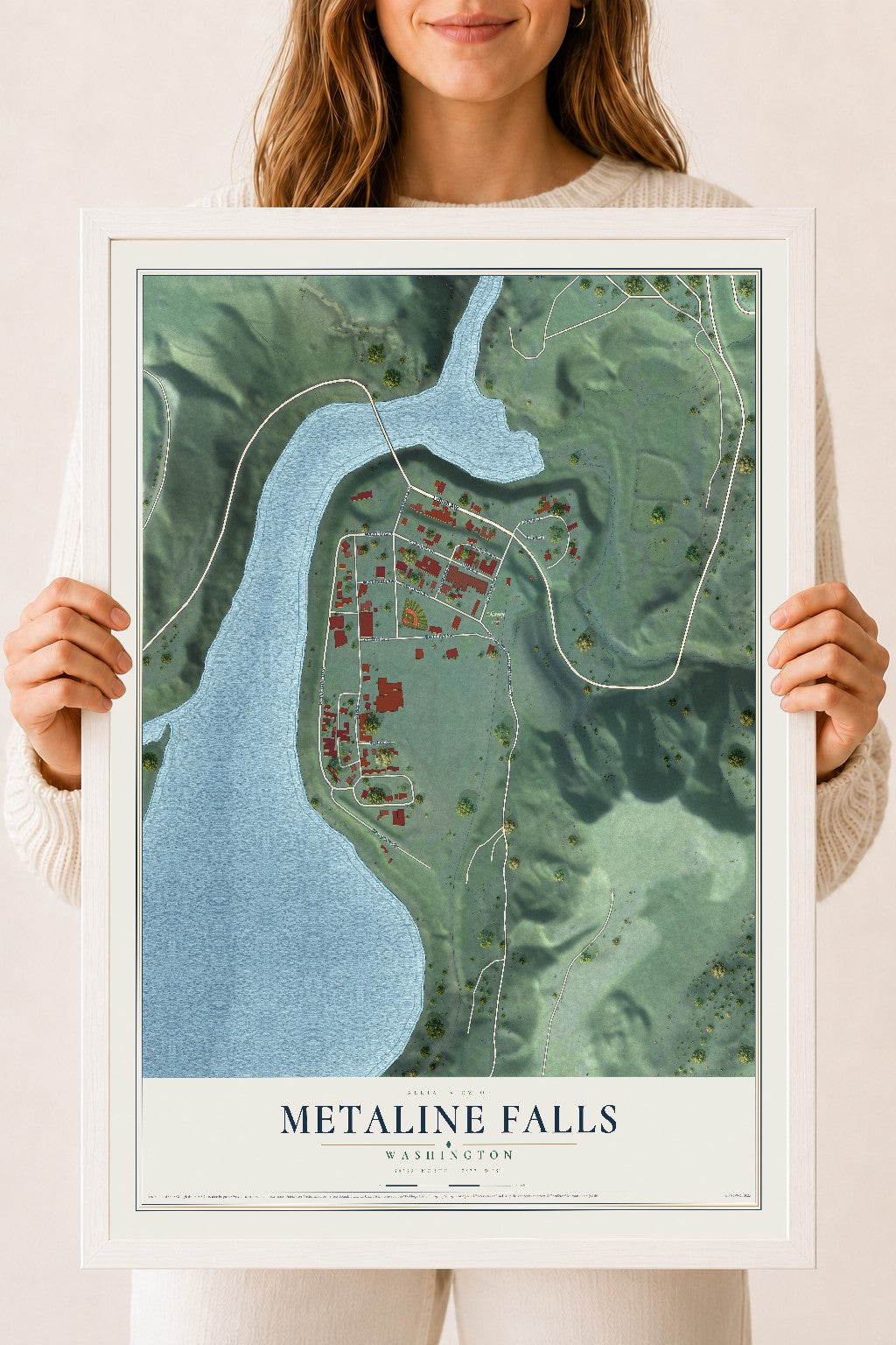 Map of Metaline Falls, Washington, 18 x 24 inch print in a white wood frame