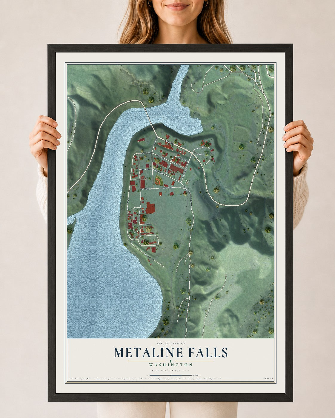 Map of Metaline Falls, Washington, 24 x 36 inch print in a black wood frame