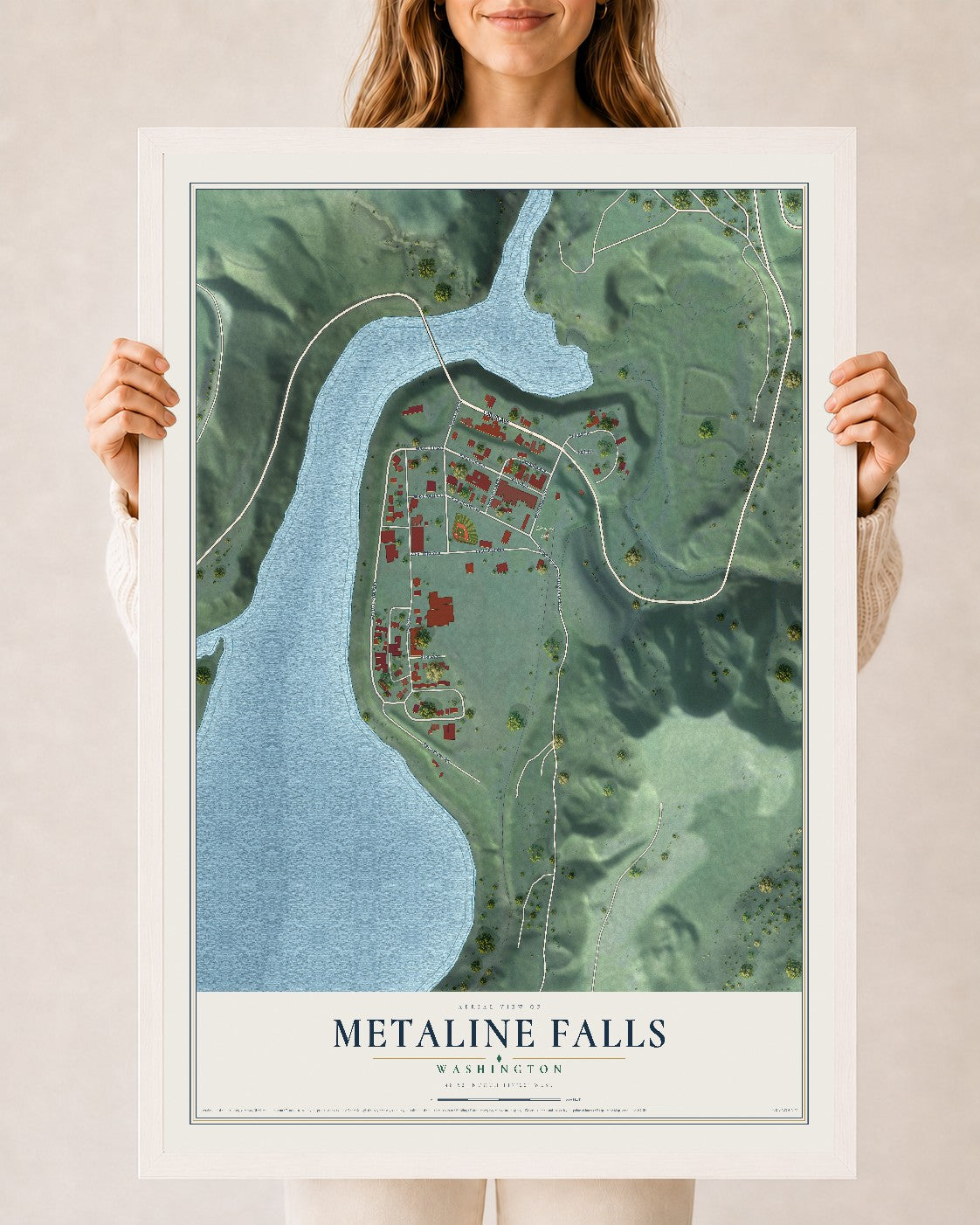 Map of Metaline Falls, Washington, 24 x 36 inch print in a white wood frame