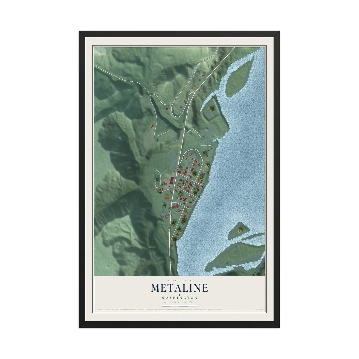 Map of Metaline, Washington, 12 x 18 inch print in a black wood frame