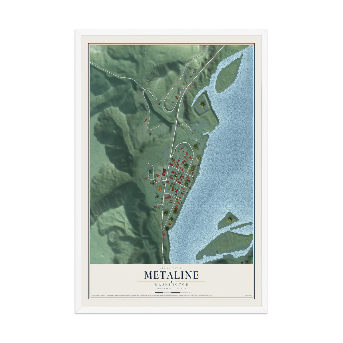 Map of Metaline, Washington, 12 x 18 inch print in a white wood frame