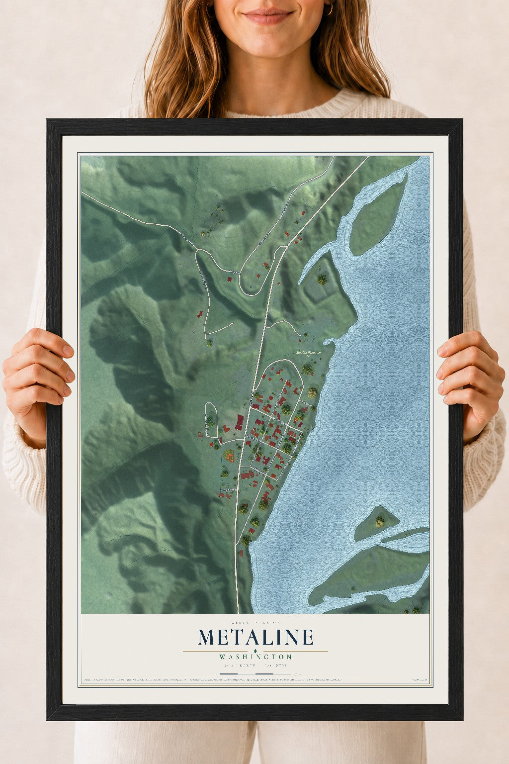 Map of Metaline, Washington, 18 x 24 inch print in a black wood frame