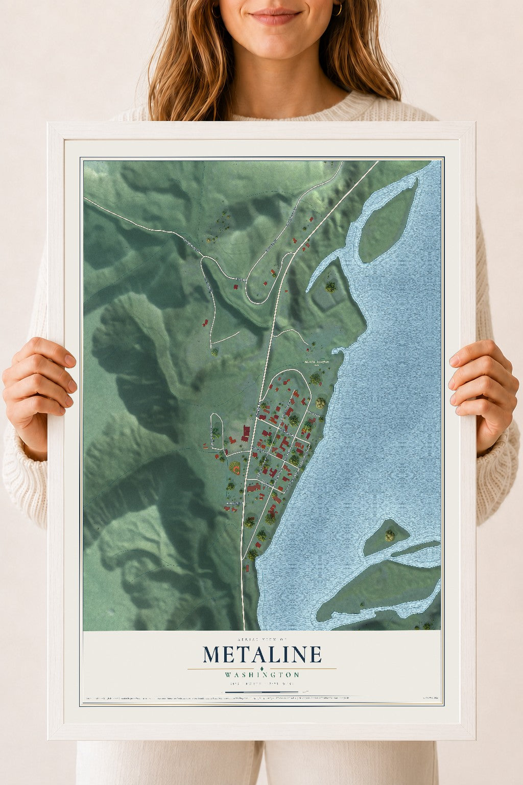 Map of Metaline, Washington, 18 x 24 inch print in a white wood frame