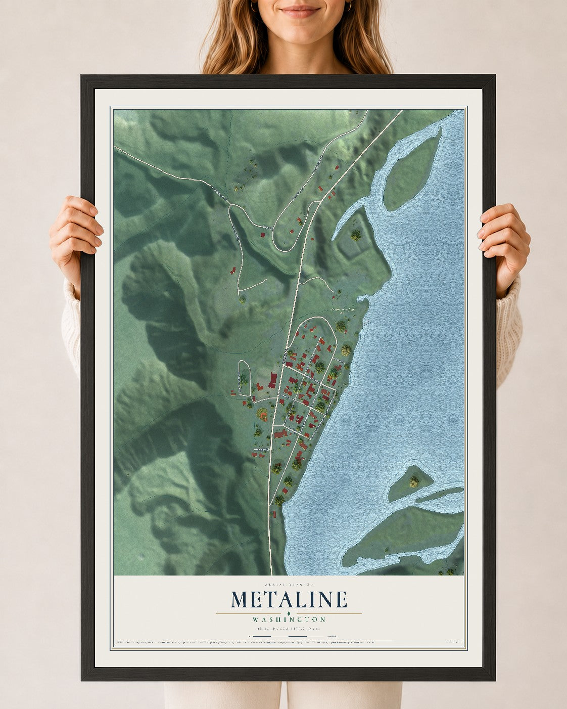 Map of Metaline, Washington, 24 x 36 inch print in a black wood frame