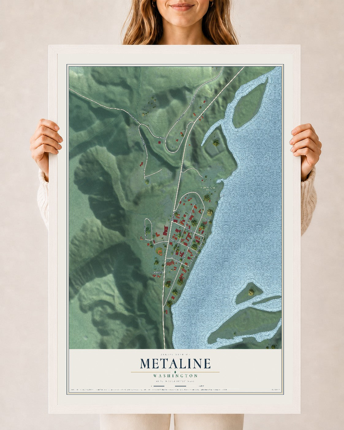 Map of Metaline, Washington, 24 x 36 inch print in a white wood frame