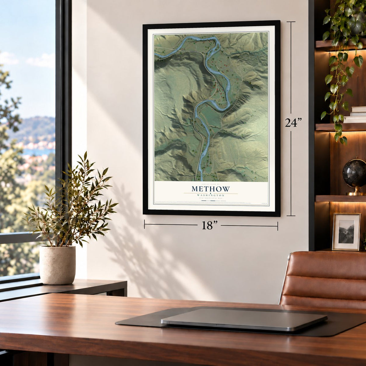 Methow, Washington map, 18 x 24 inch print in a black frame in a home office