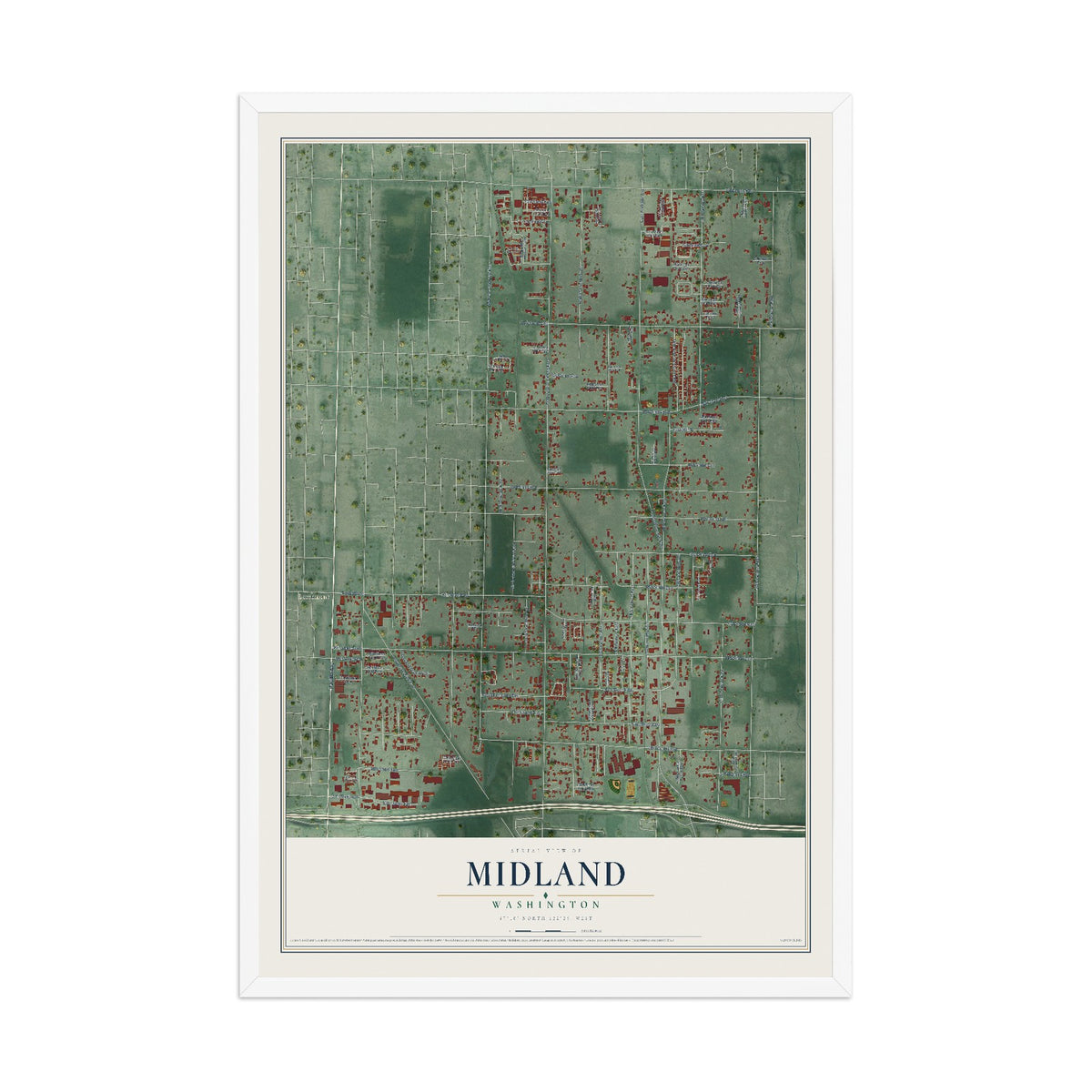 Map of Midland, Washington, 12 x 18 inch print in a white wood frame