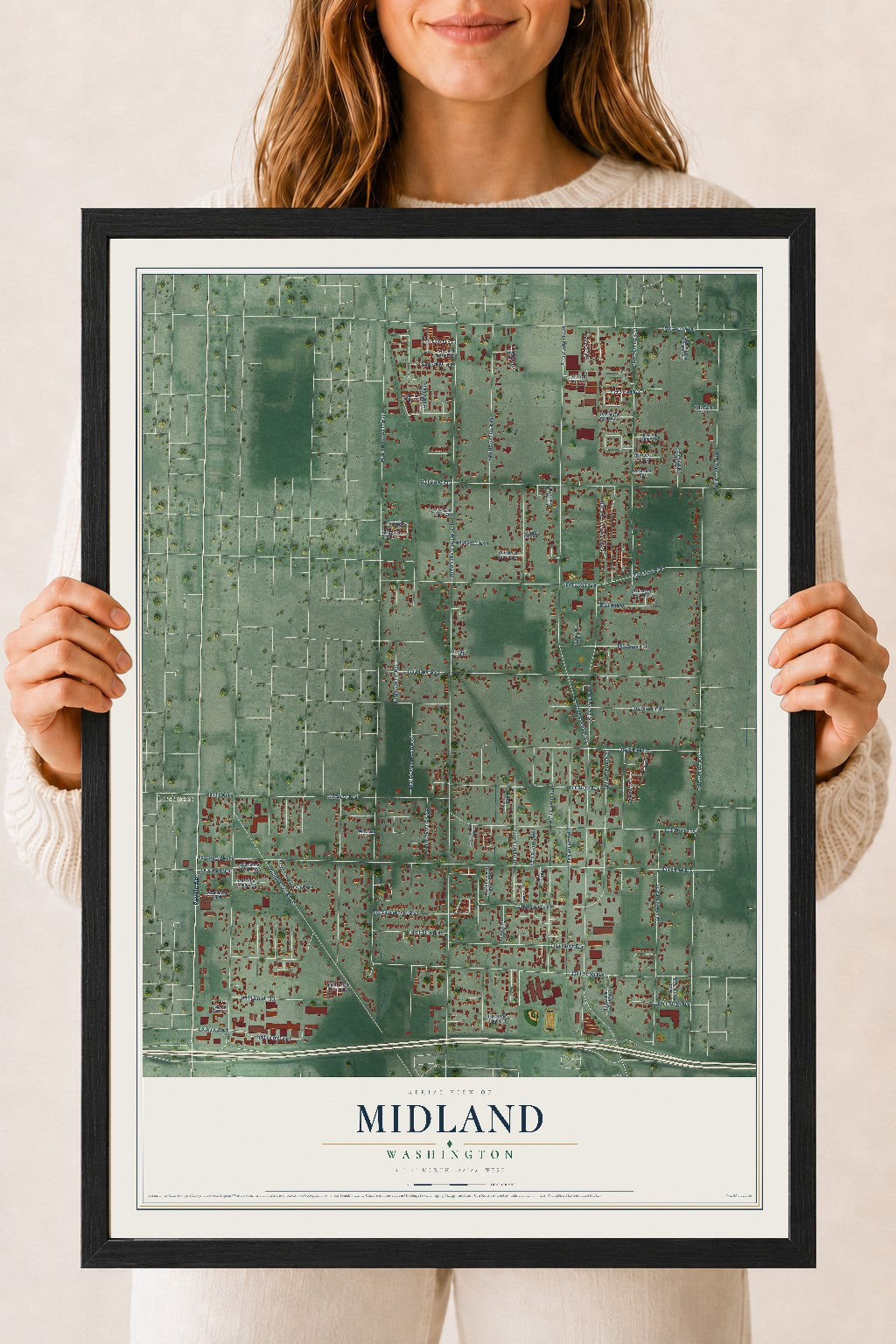 Map of Midland, Washington, 18 x 24 inch print in a black wood frame