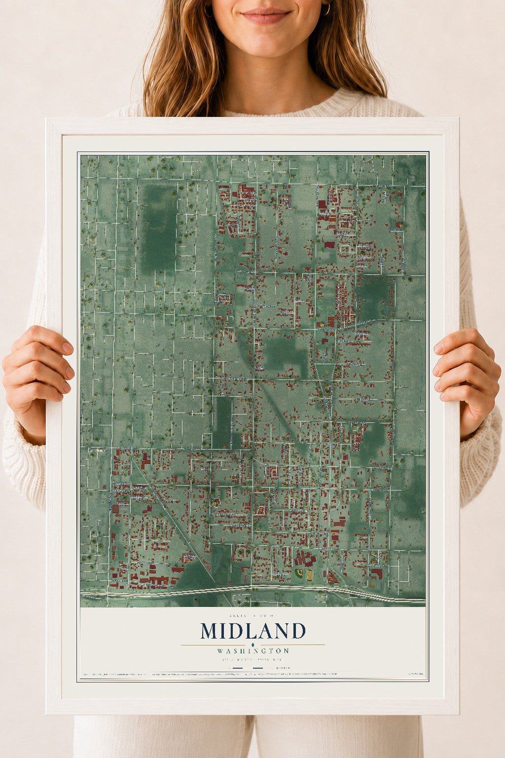 Map of Midland, Washington, 18 x 24 inch print in a white wood frame