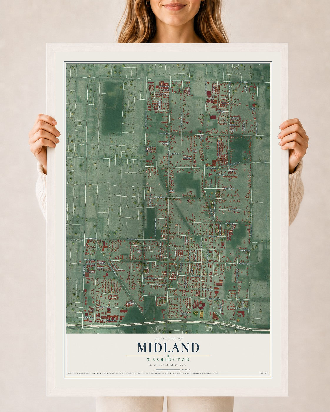 Map of Midland, Washington, 24 x 36 inch print in a white wood frame
