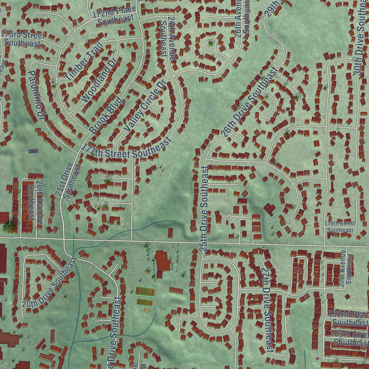 Close-up of the map of Mill Creek East, Washington print showing street and building detail