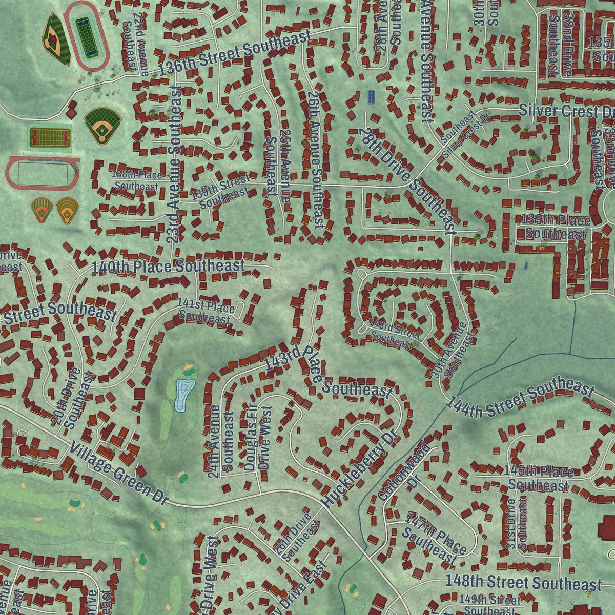 Close-up of the map of Mill Creek, Washington print showing street and building detail