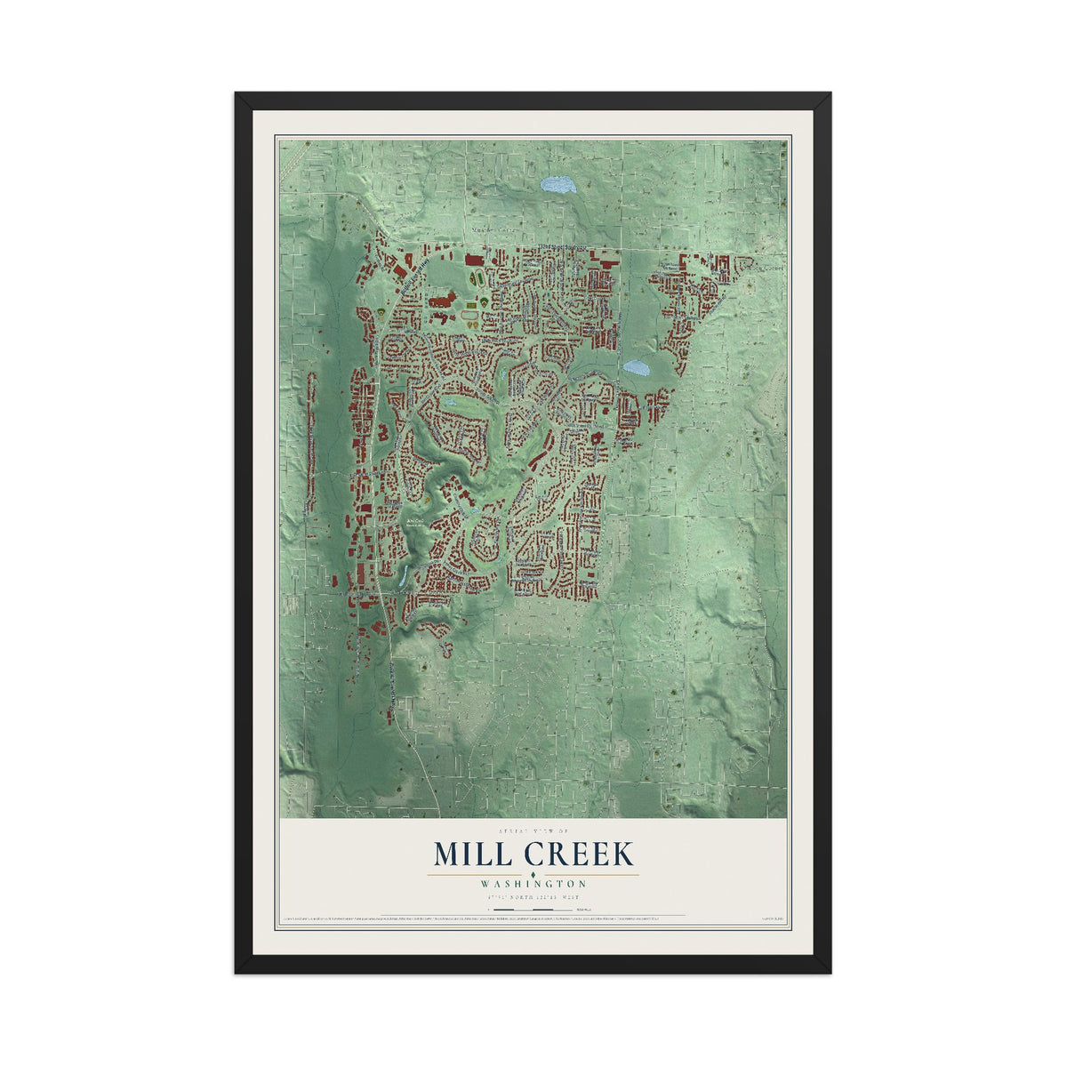 Map of Mill Creek, Washington, 12 x 18 inch print in a black wood frame