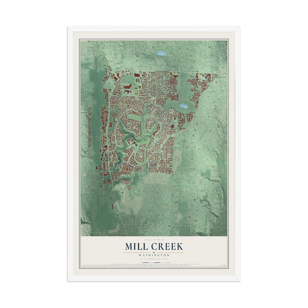 Map of Mill Creek, Washington, 12 x 18 inch print in a white wood frame