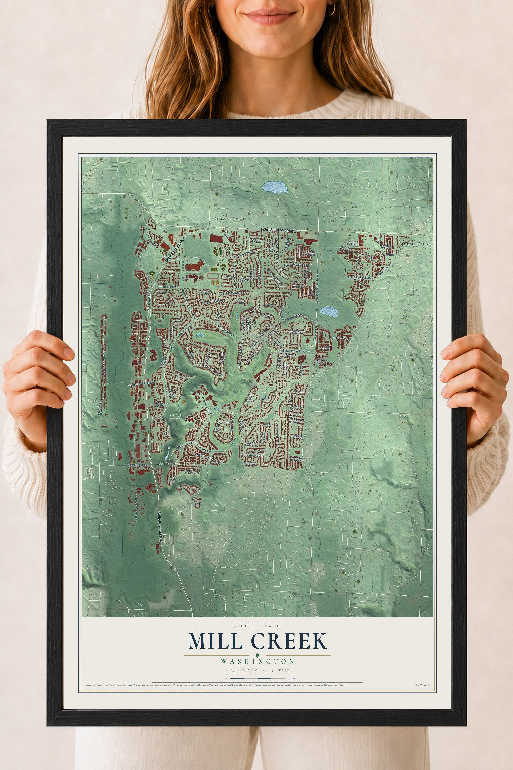 Map of Mill Creek, Washington, 18 x 24 inch print in a black wood frame