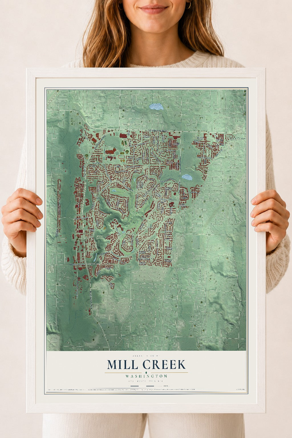 Map of Mill Creek, Washington, 18 x 24 inch print in a white wood frame