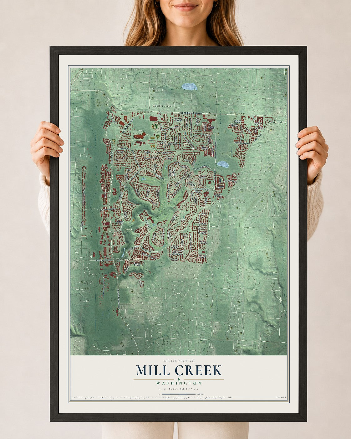 Map of Mill Creek, Washington, 24 x 36 inch print in a black wood frame