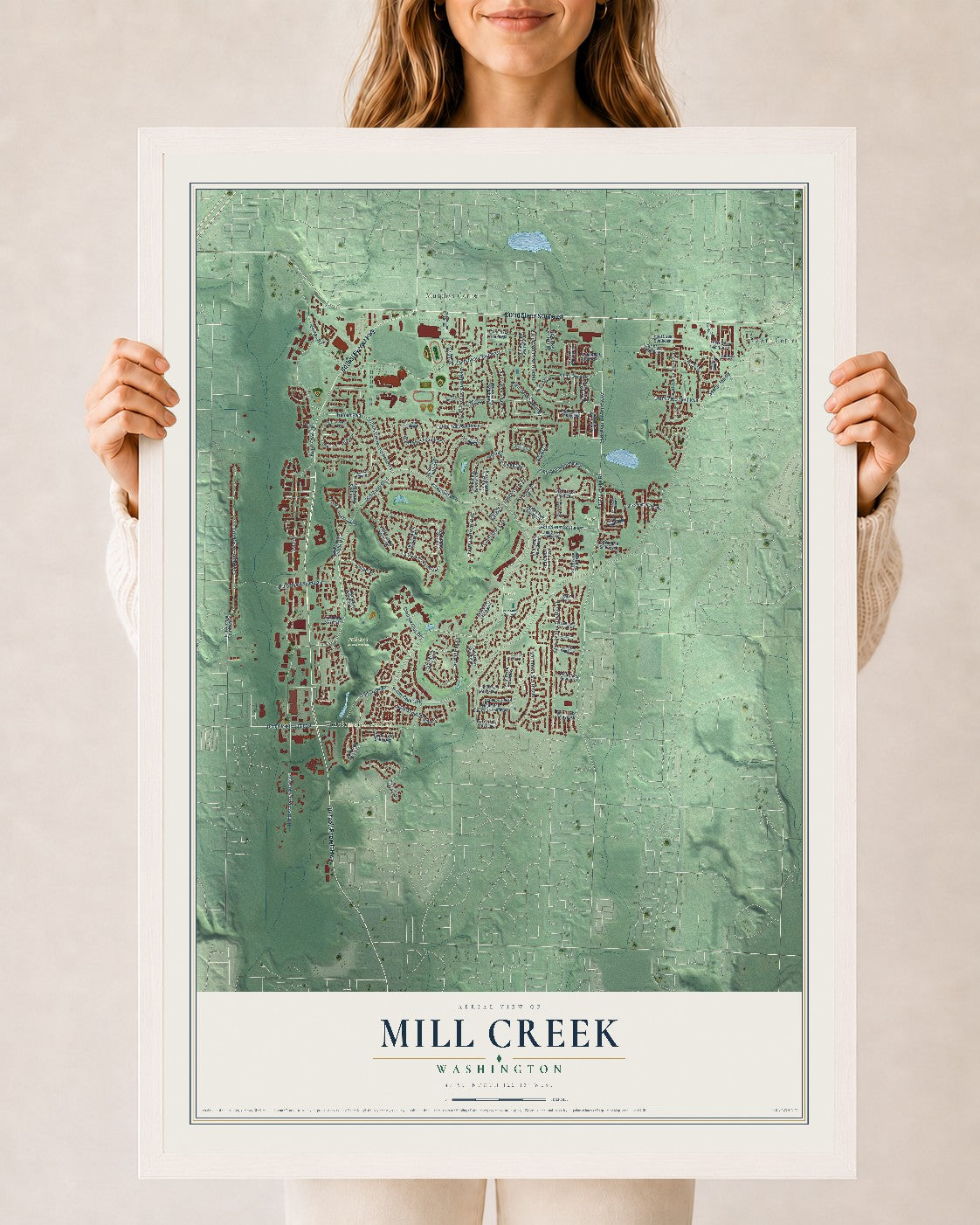 Map of Mill Creek, Washington, 24 x 36 inch print in a white wood frame