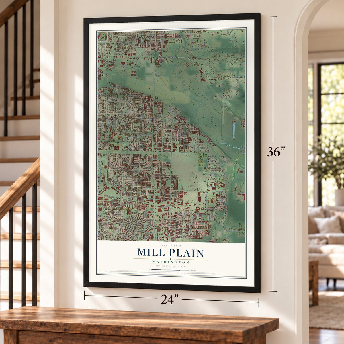 Mill Plain, Washington map, 24 x 36 inch print in a black frame by a staircase