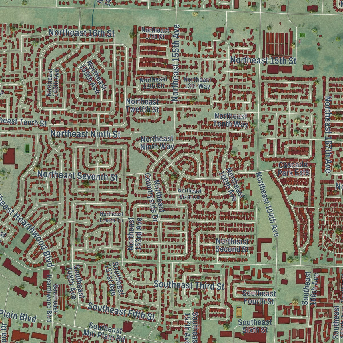 Close-up of the map of Mill Plain, Washington print showing street and building detail