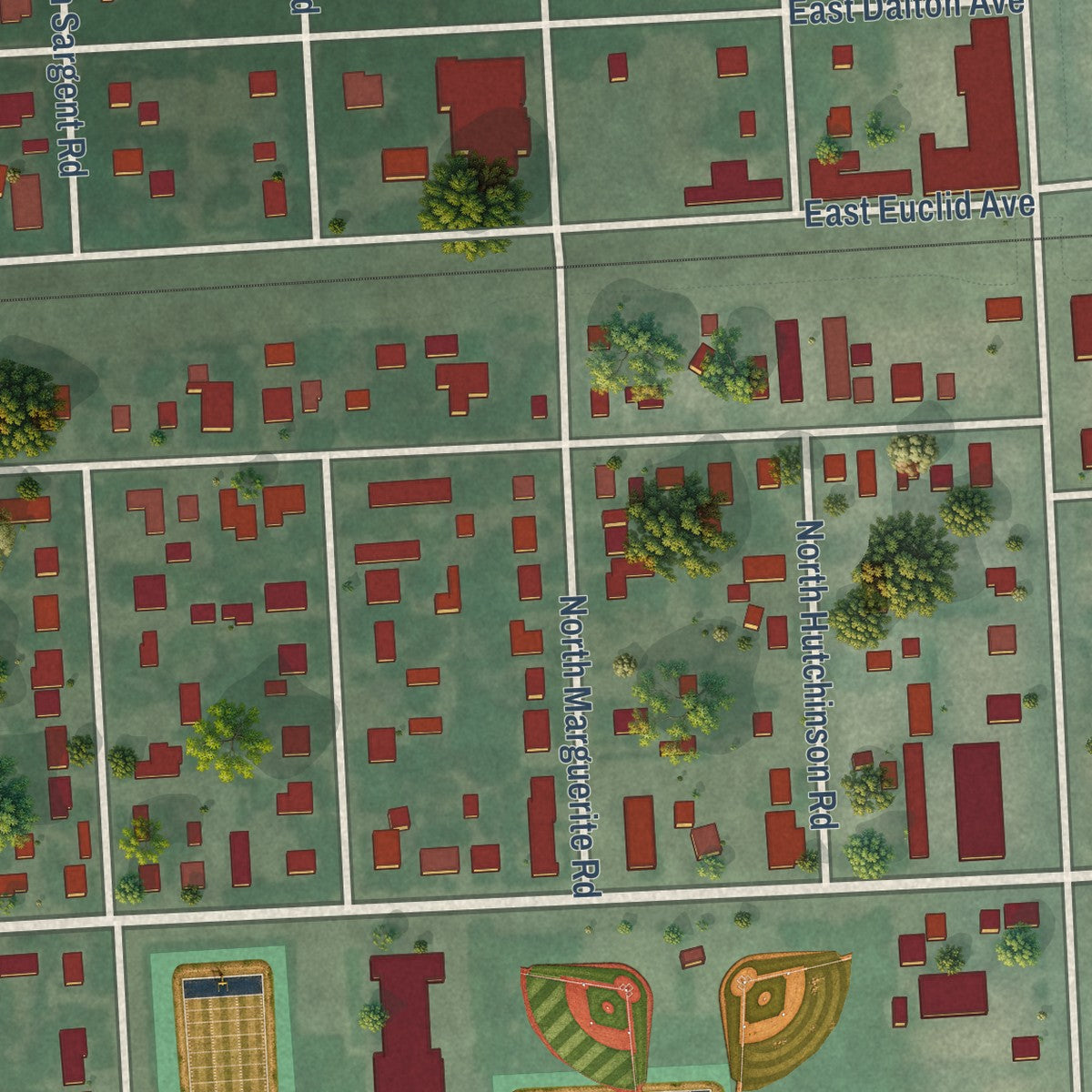 Close-up of the map of Millwood, Washington print showing street and building detail