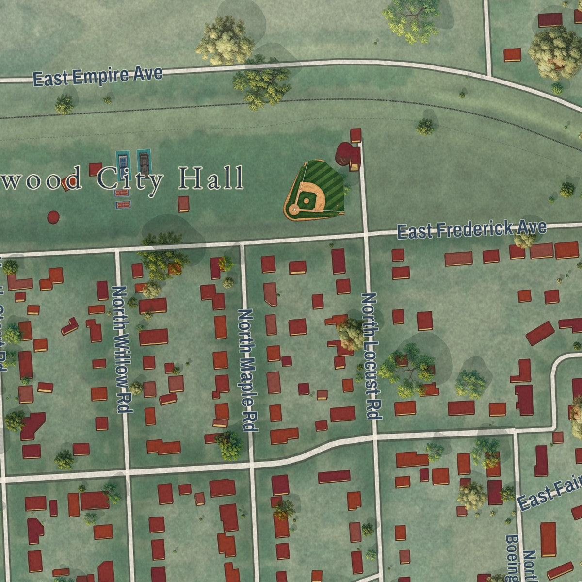 Second close-up of the map of Millwood, Washington print showing more streets and buildings