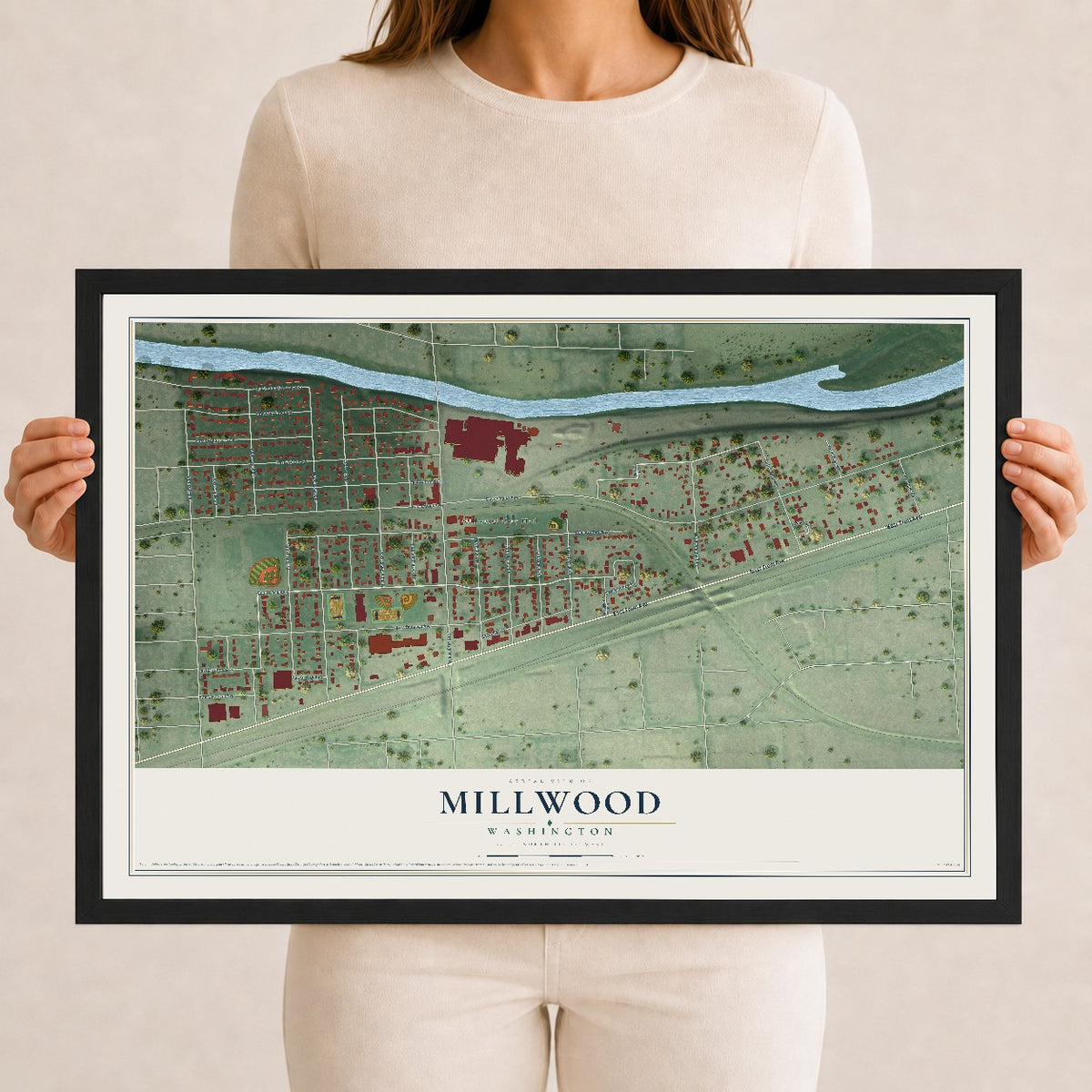 Map of Millwood, Washington, 12 x 18 inch print in a black wood frame