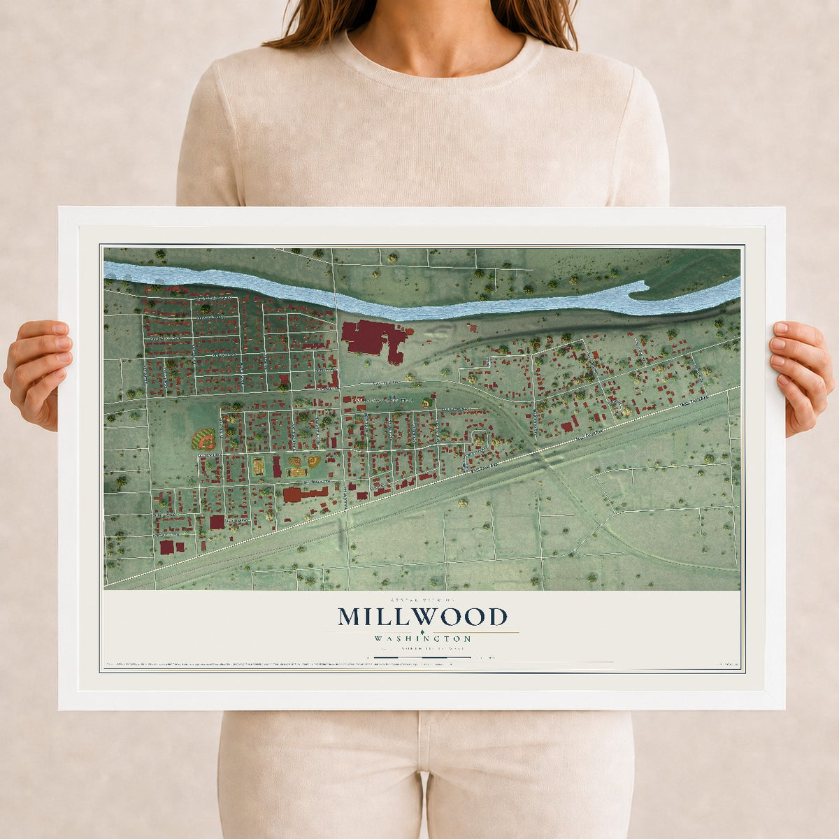 Map of Millwood, Washington, 12 x 18 inch print in a white wood frame