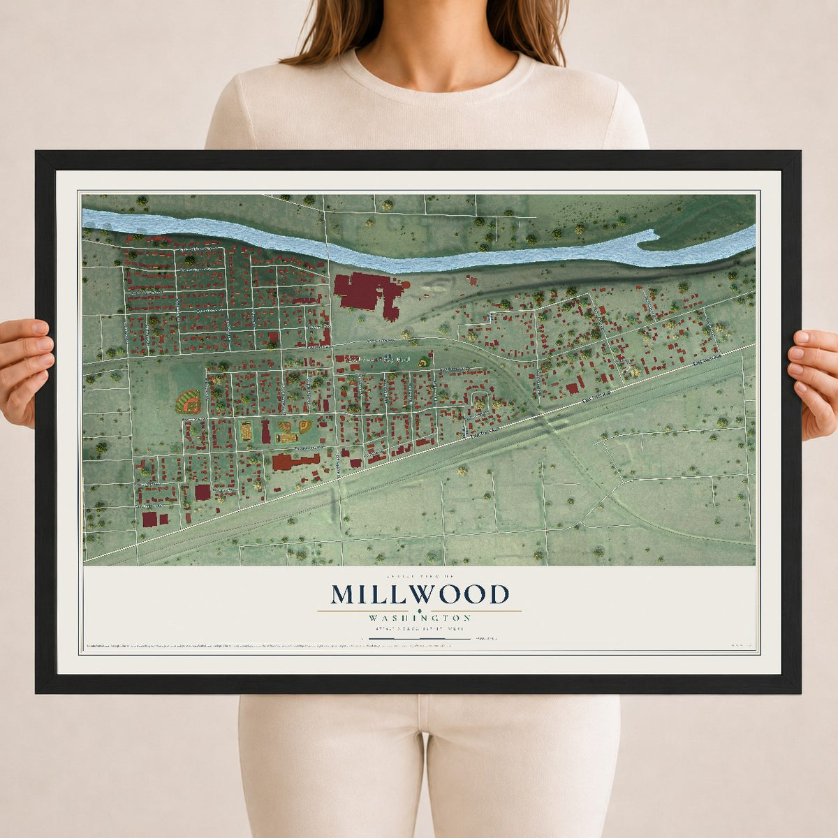 Map of Millwood, Washington, 18 x 24 inch print in a black wood frame