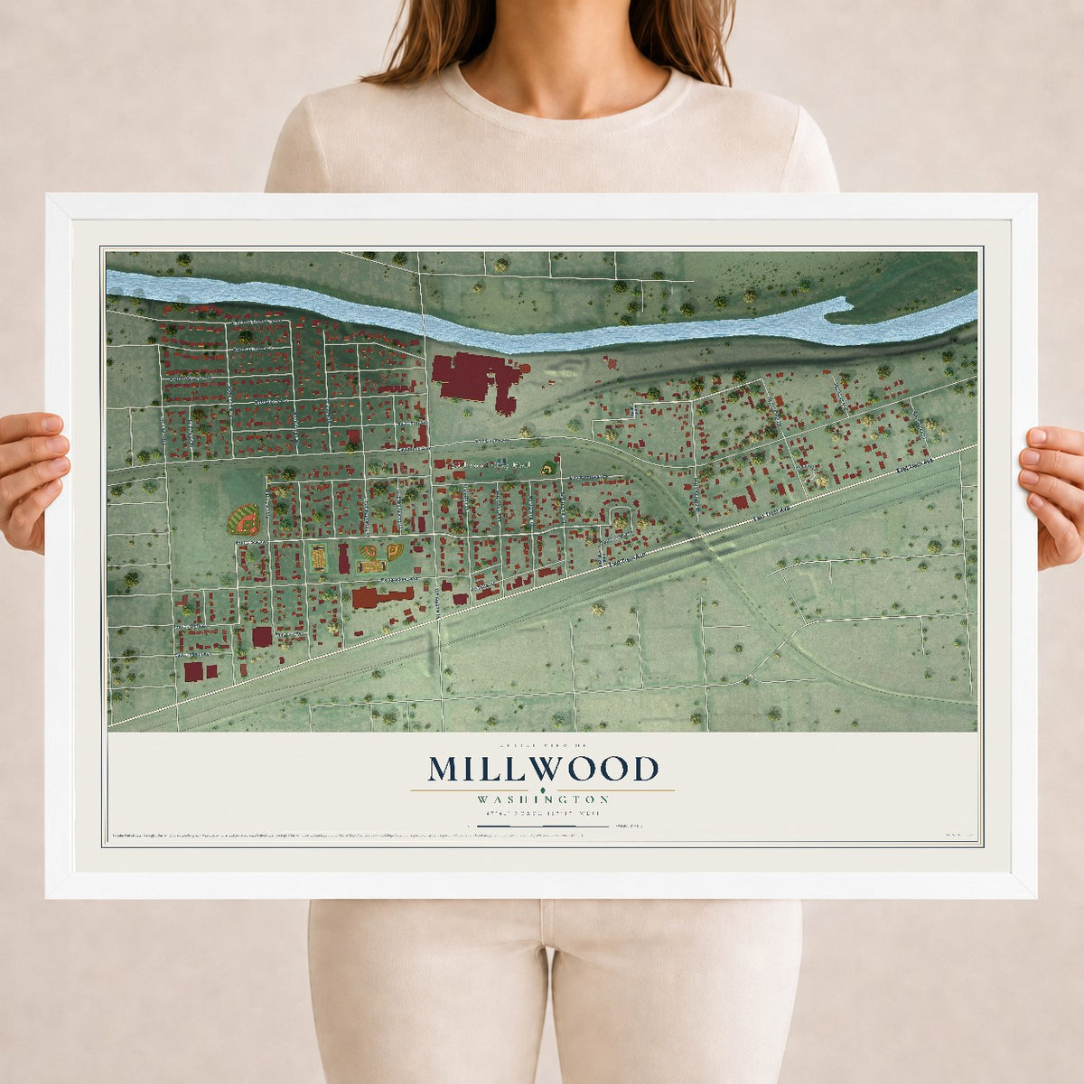 Map of Millwood, Washington, 18 x 24 inch print in a white wood frame