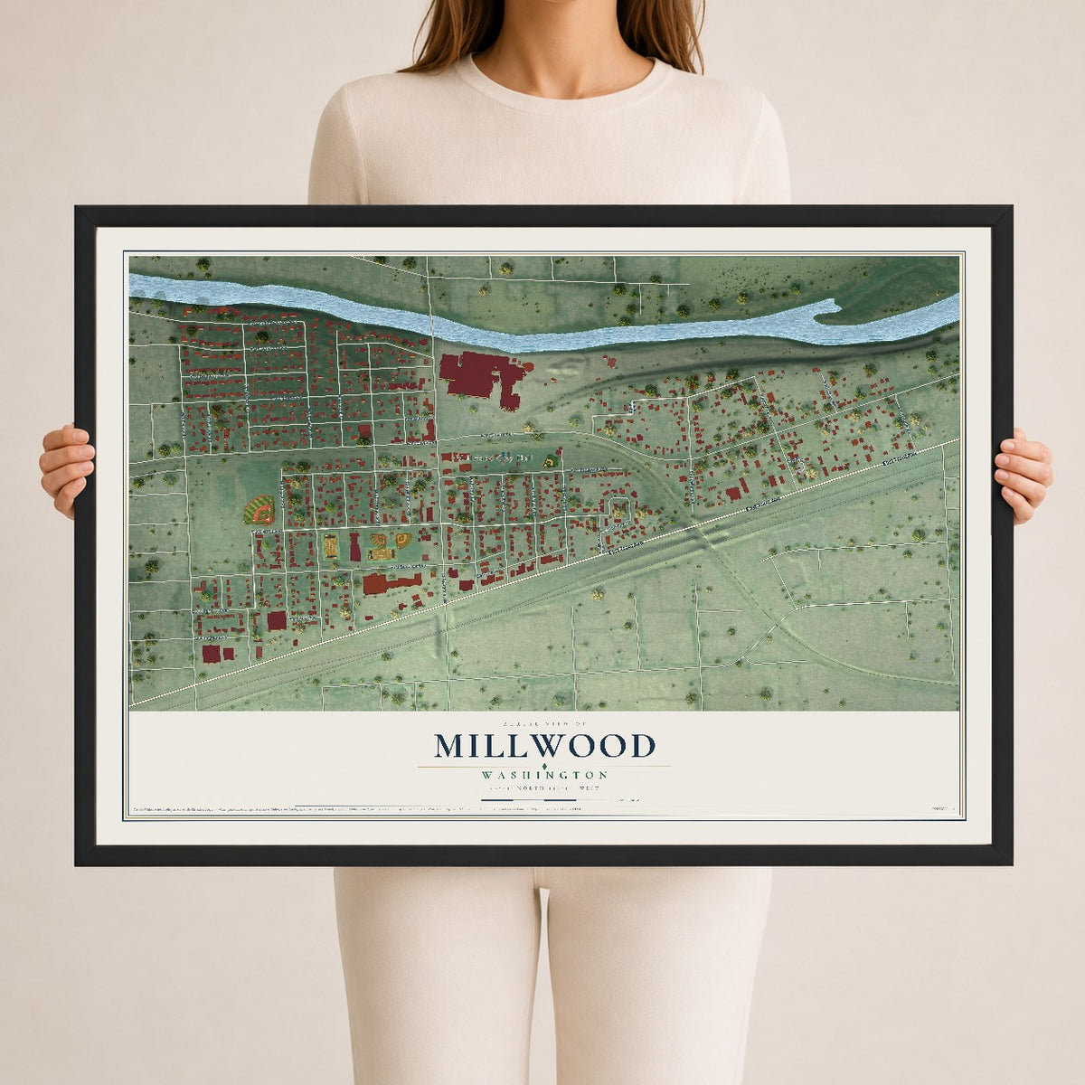 Map of Millwood, Washington, 24 x 36 inch print in a black wood frame