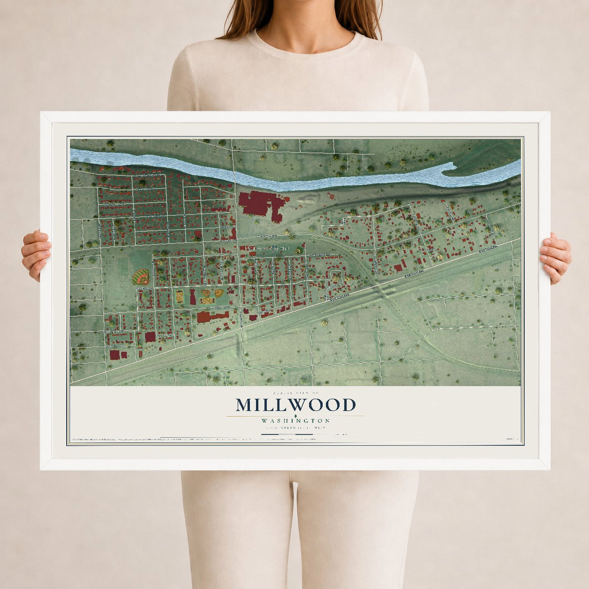 Map of Millwood, Washington, 24 x 36 inch print in a white wood frame