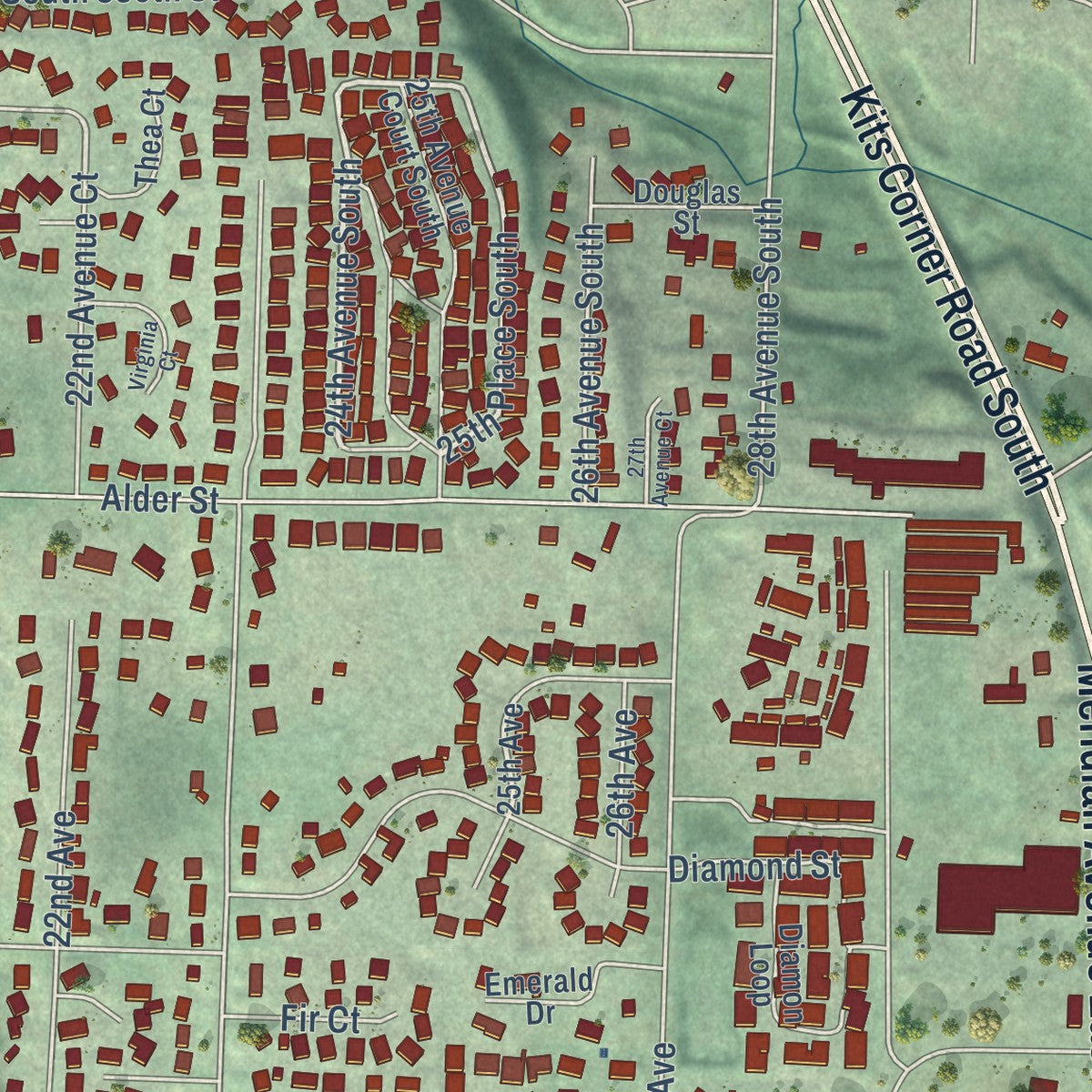 Close-up of the map of Milton, Washington print showing street and building detail