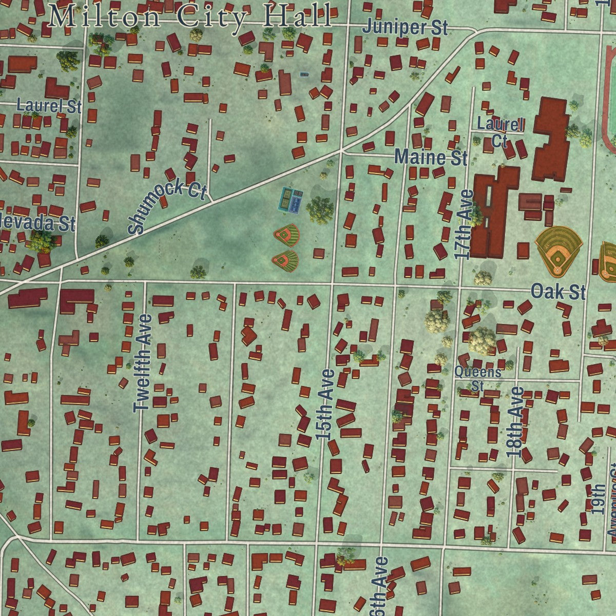 Second close-up of the map of Milton, Washington print showing more streets and buildings
