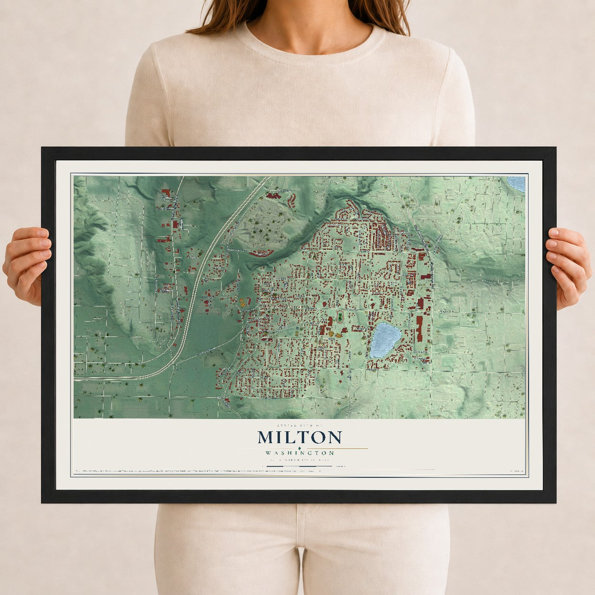 Map of Milton, Washington, 12 x 18 inch print in a black wood frame