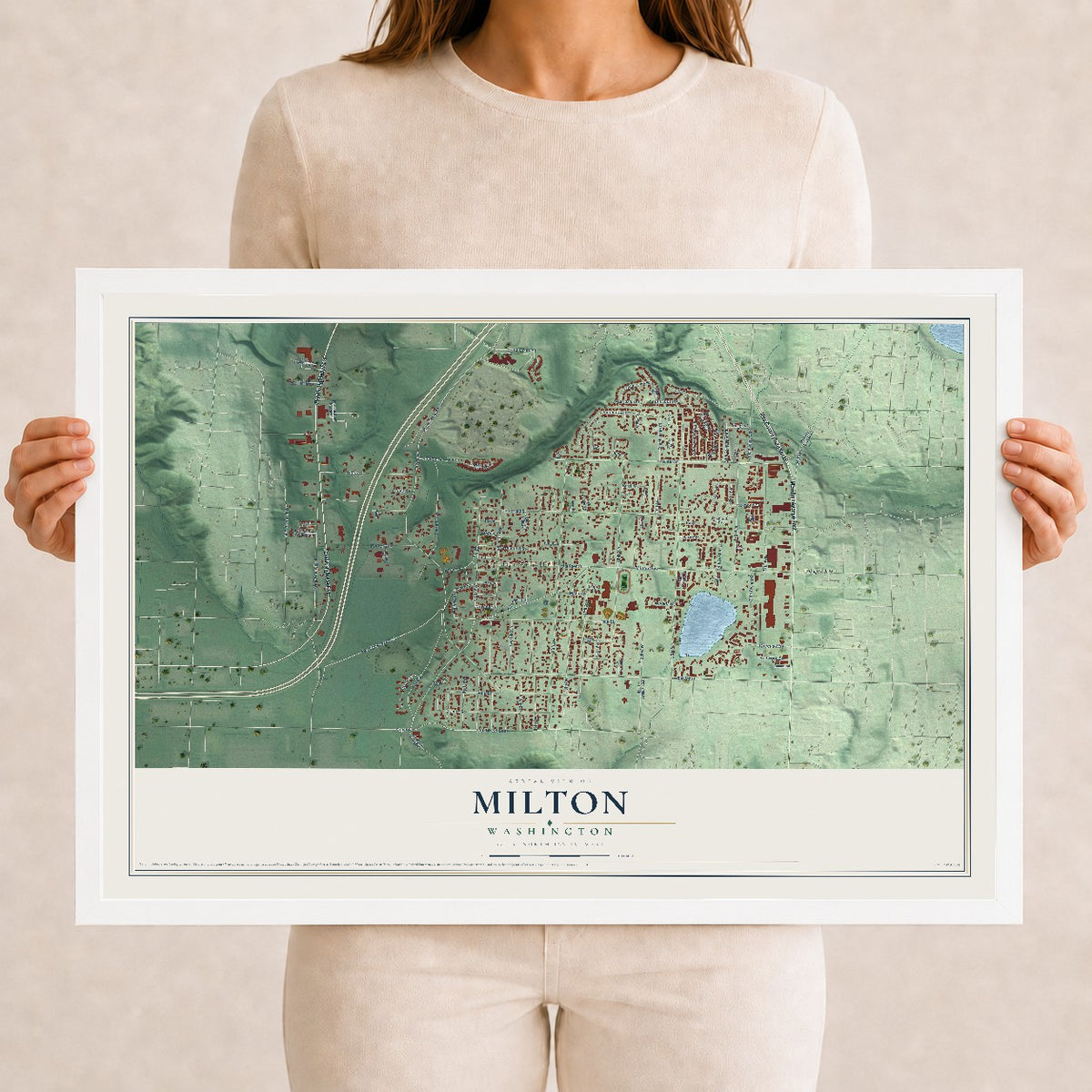 Map of Milton, Washington, 12 x 18 inch print in a white wood frame