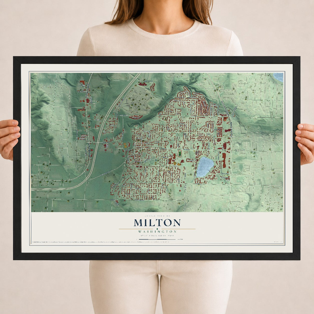 Map of Milton, Washington, 18 x 24 inch print in a black wood frame